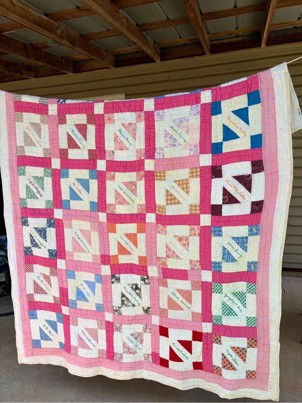 Vintage Friendship Signature Quilt - Hand Quilted Pink Patchwork 61 x 74”